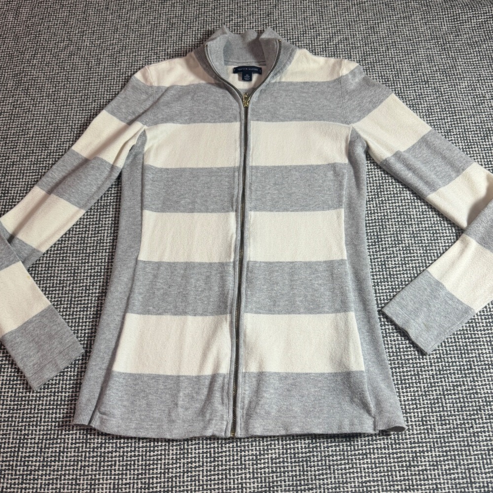 Tommy Hilfiger Womens Grey Cream Striped Mock Neck Full Zip Sweater Size XS
